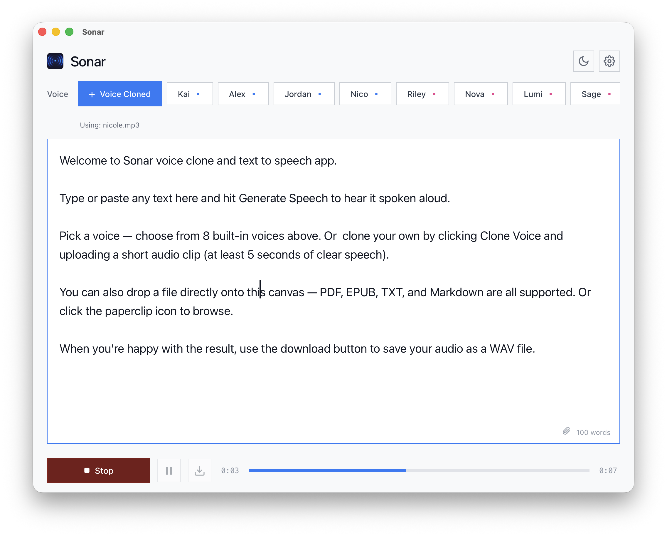 Sonar light mode showing voice cloning and playback